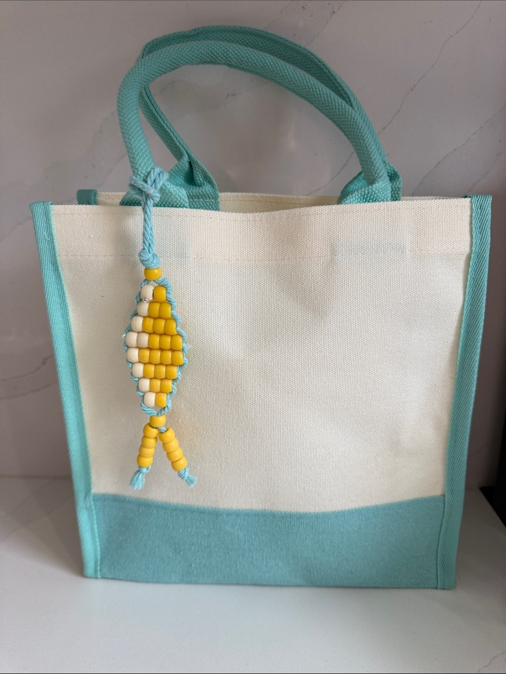 Canvas Lunch Tote Bag with Pink Trim and Bead Fish Charm
